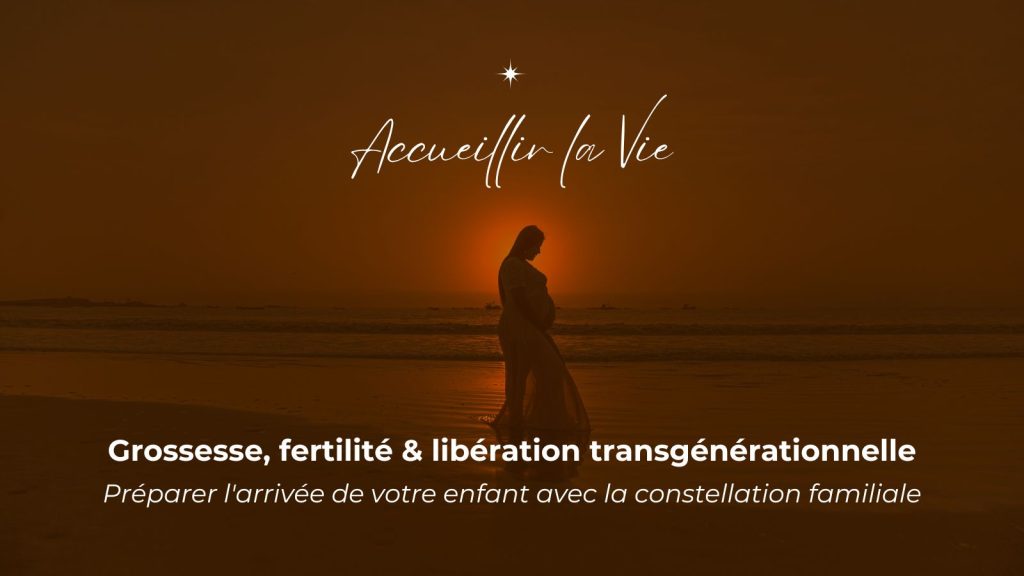 Femme enceinte en silhouette au coucher de soleil sur la plage - grossesse, fertilité et libération transgénérationnelle avec la constellation familiale - Sofia AMA